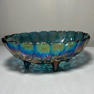 Carnival Blue Harvest Grape Indiana Glass Footed Oval Center Fruit Bowl 1960’s